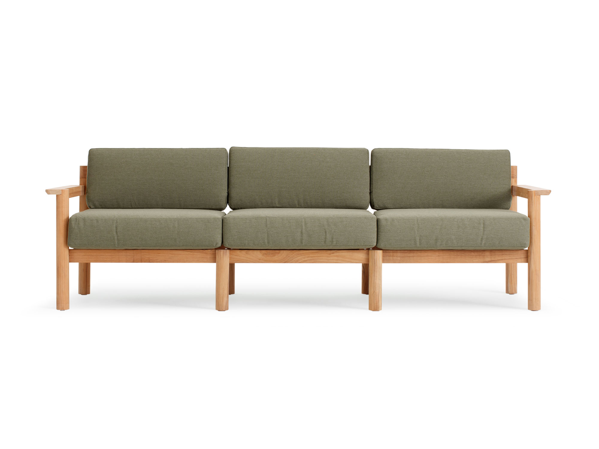 Front view of outdoor sofa with green cushions